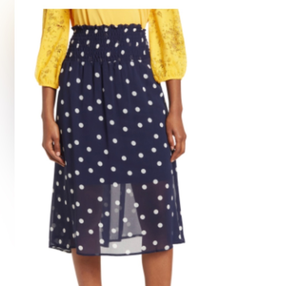 Adrianna Papell Navy Polka Dot MIDI Skirt with Rouched Waist Size Medium